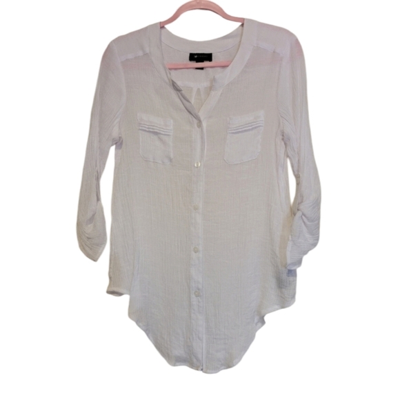 AB studio white peek a boo, see thru 3/4 pinned up sleeve button up shirt Sz L - Picture 1 of 4